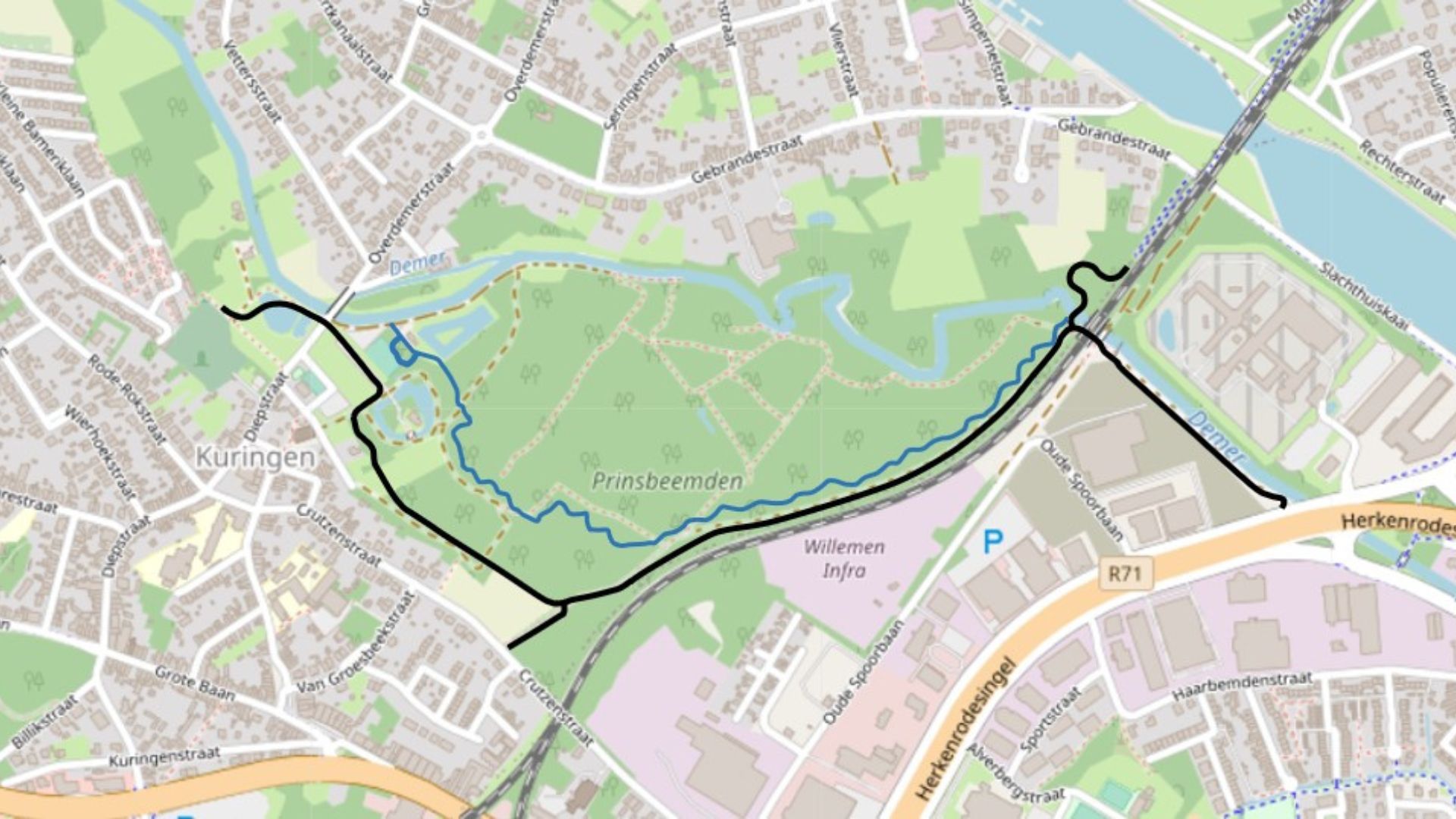 Plattegrond met fietspad en visnevengeul